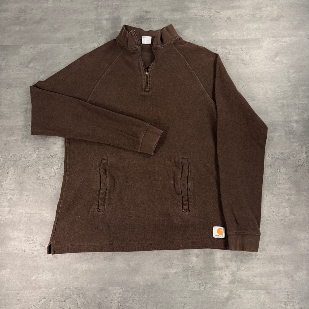 Carhartt 1/4 Zip Pullover Mens Medium Brown Waffle‎ Knit Workwear Sweater K346 - Picture 2 of 9